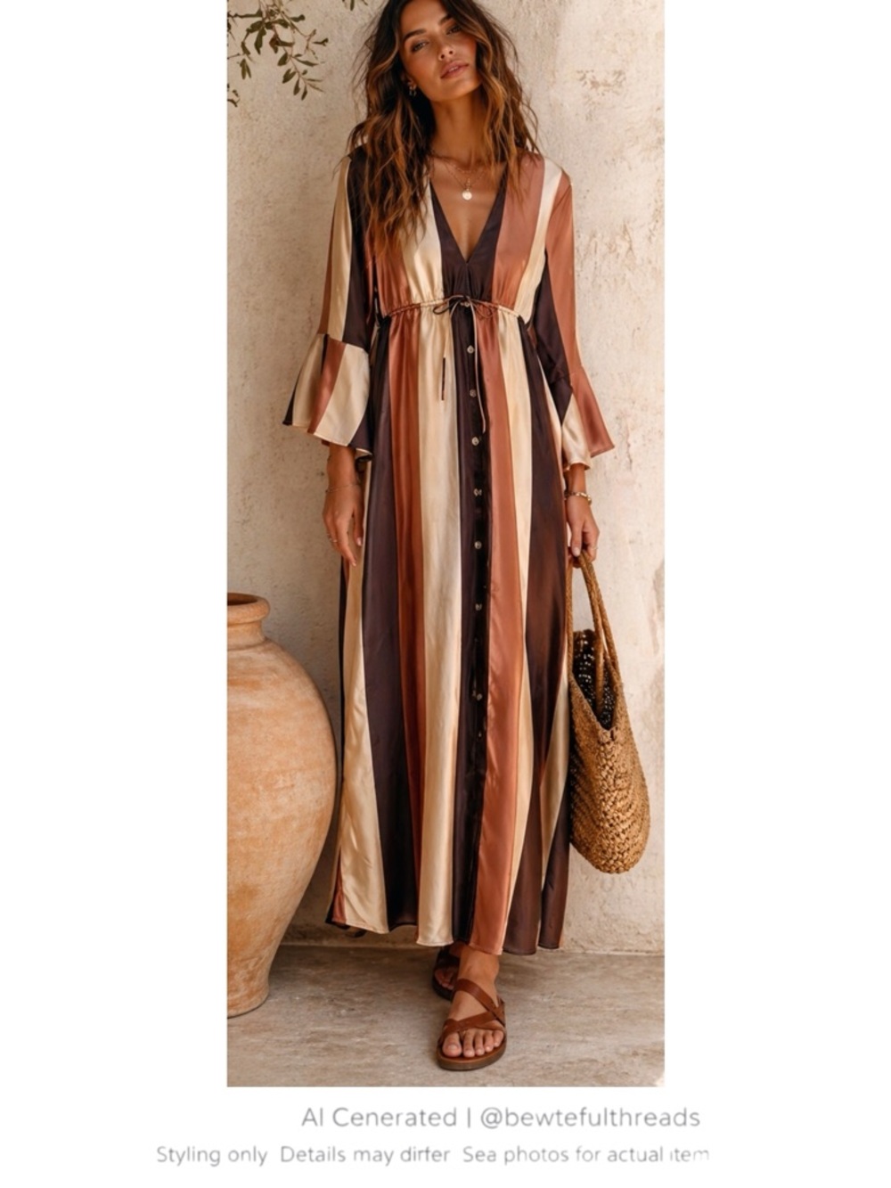 Boho Coastal Striped Maxi Dress Bell Sleeve Tie Waist Neutral Flowy